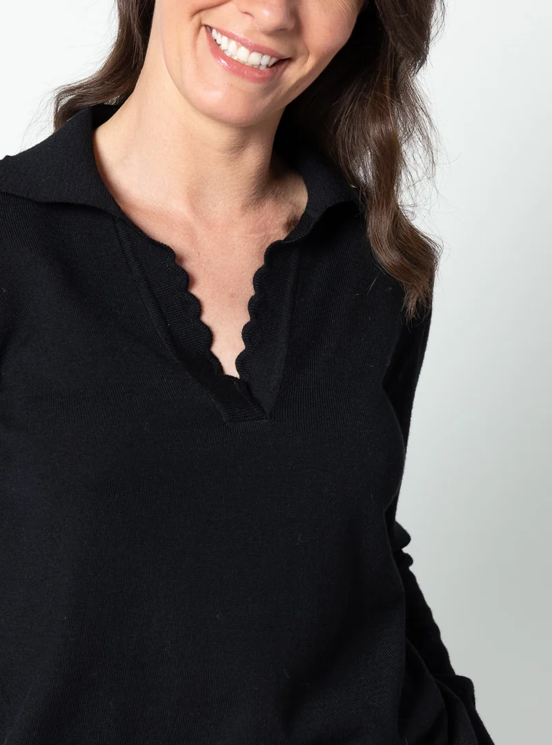 Pull femme col polo en laine fine mérinos noir