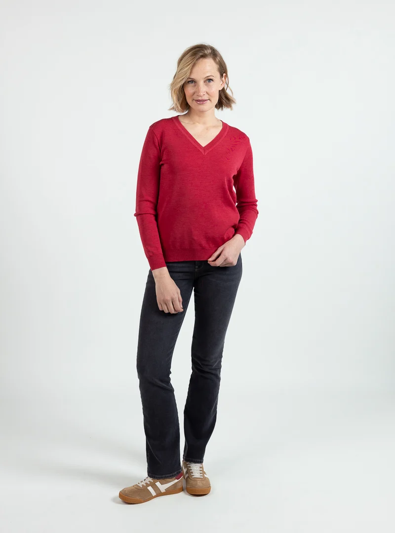 Pull femme col V en laine mérinos rouge cerise