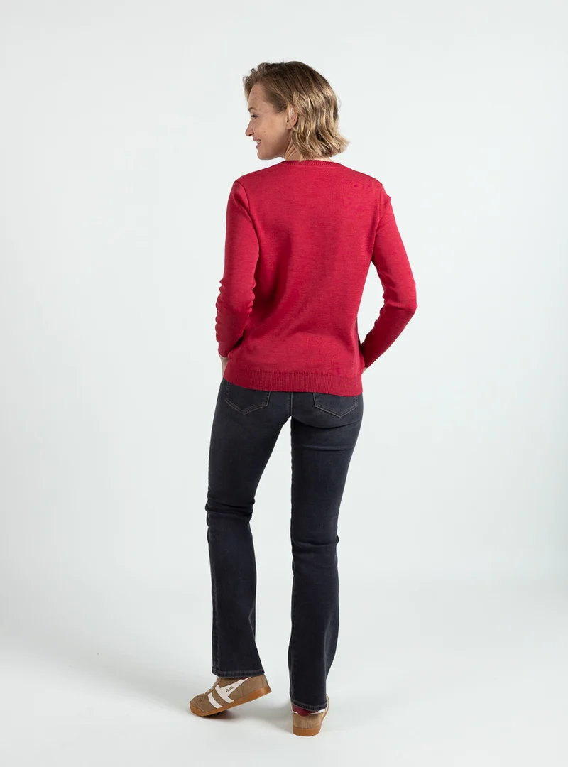 Pull femme col V en laine mérinos rouge cerise