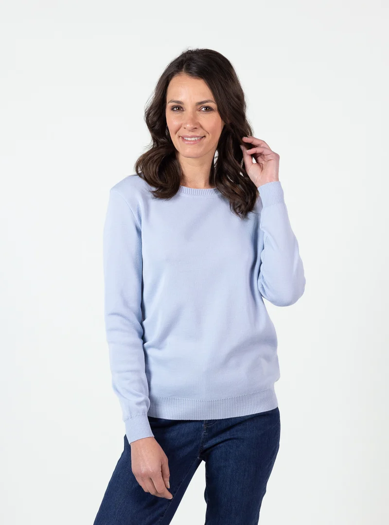 Pull femme encolure ronde laine mérinos bleu ciel léger