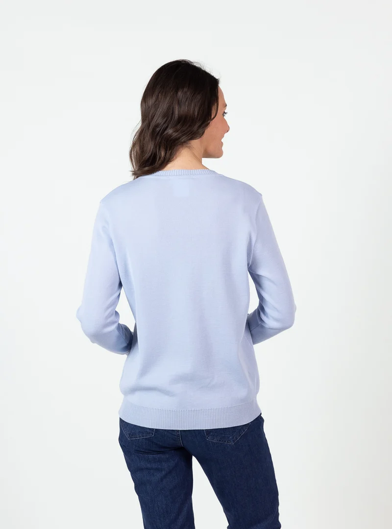 Pull femme encolure ronde laine mérinos bleu ciel léger