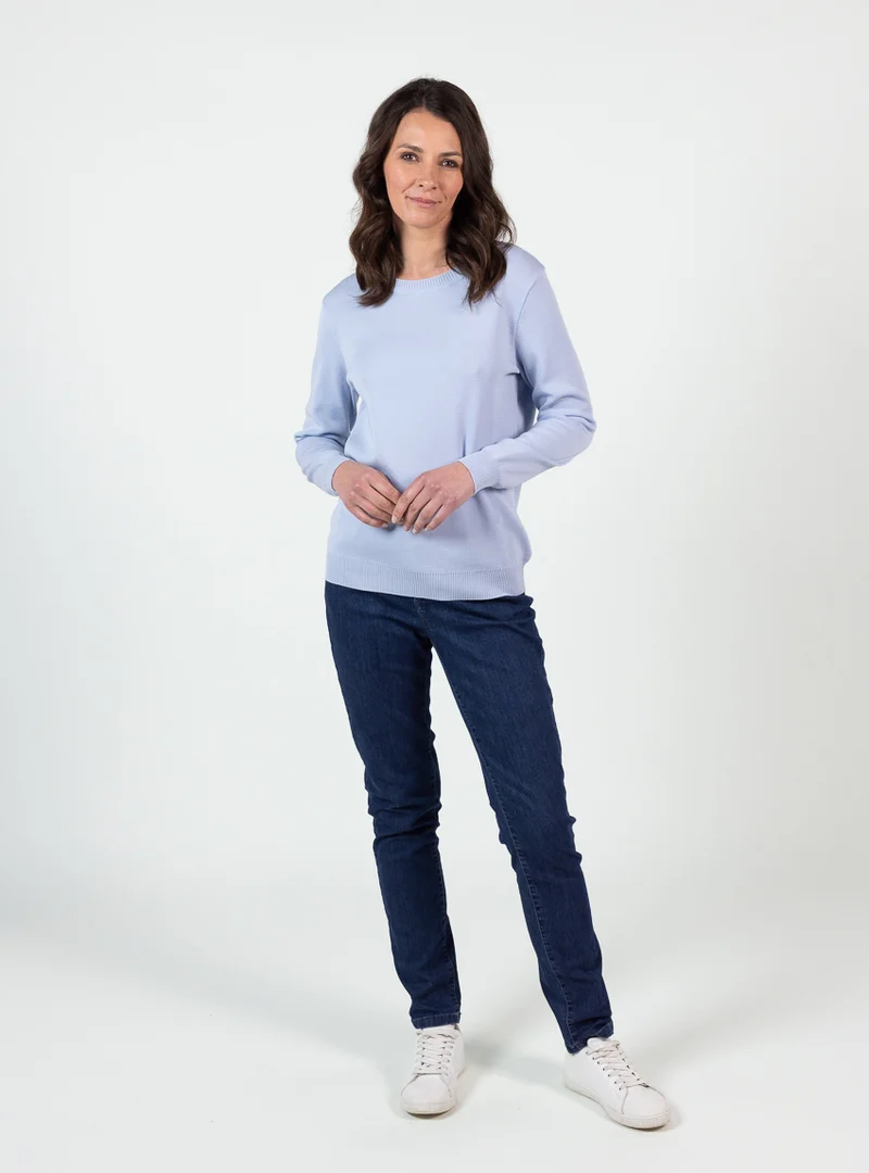 Pull femme encolure ronde laine mérinos bleu ciel léger