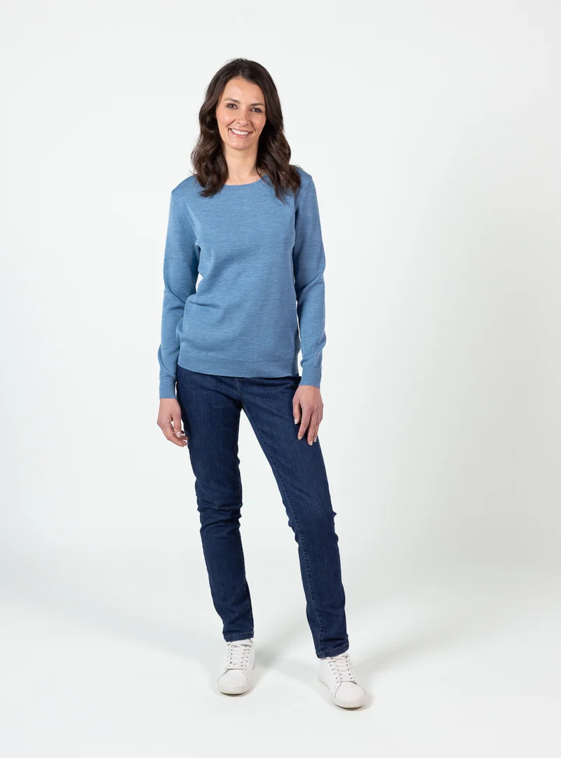 Pull femme encolure ronde laine mérinos bleu nordique