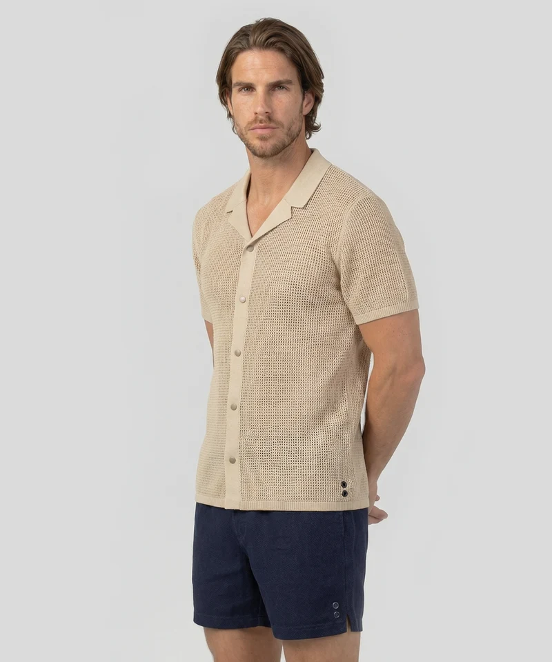 Organic Cotton Crochet Knit Shirt: Natural