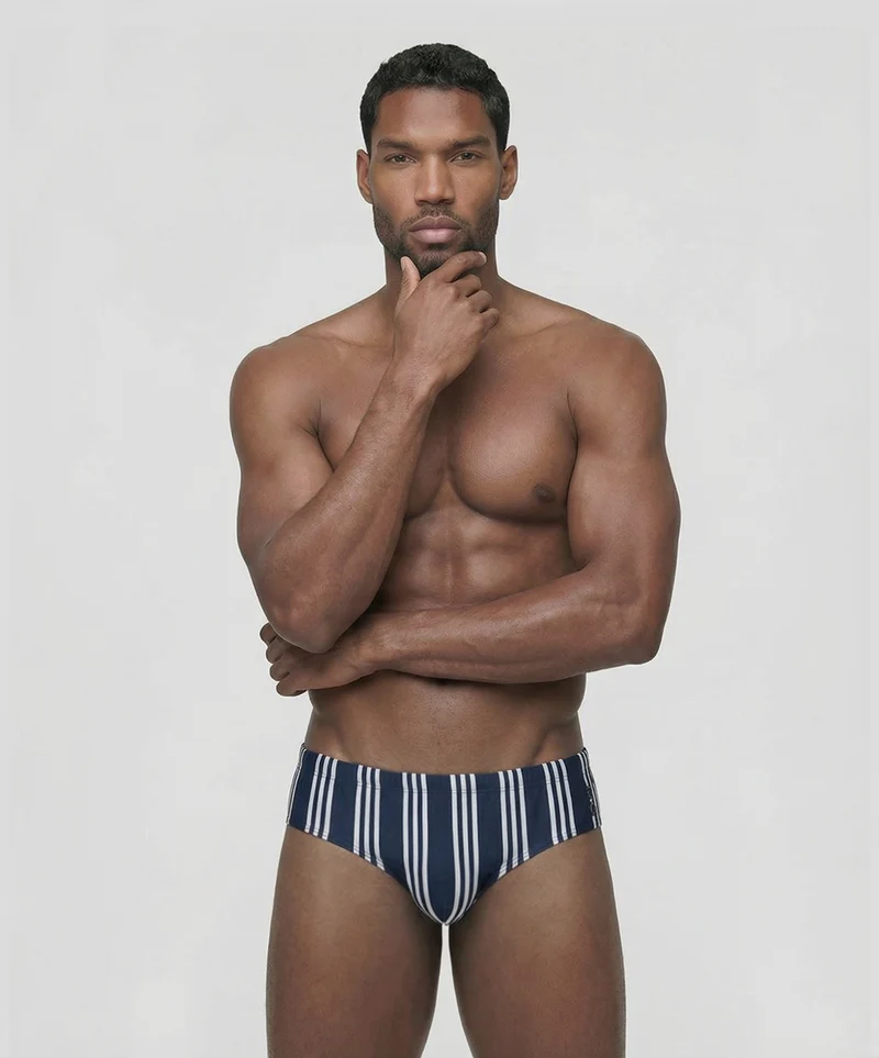 Swim Briefs w. Vertical Thin Stripes: Navy