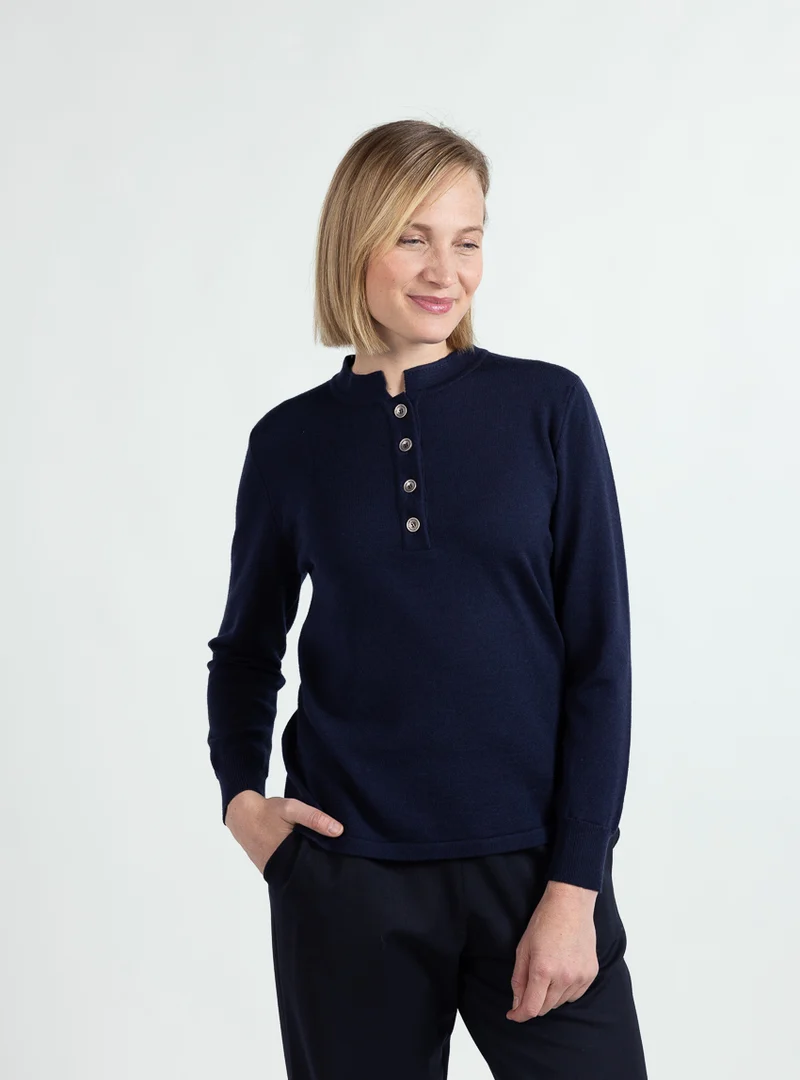 Pull femme col montant laine mérinos bleu marine