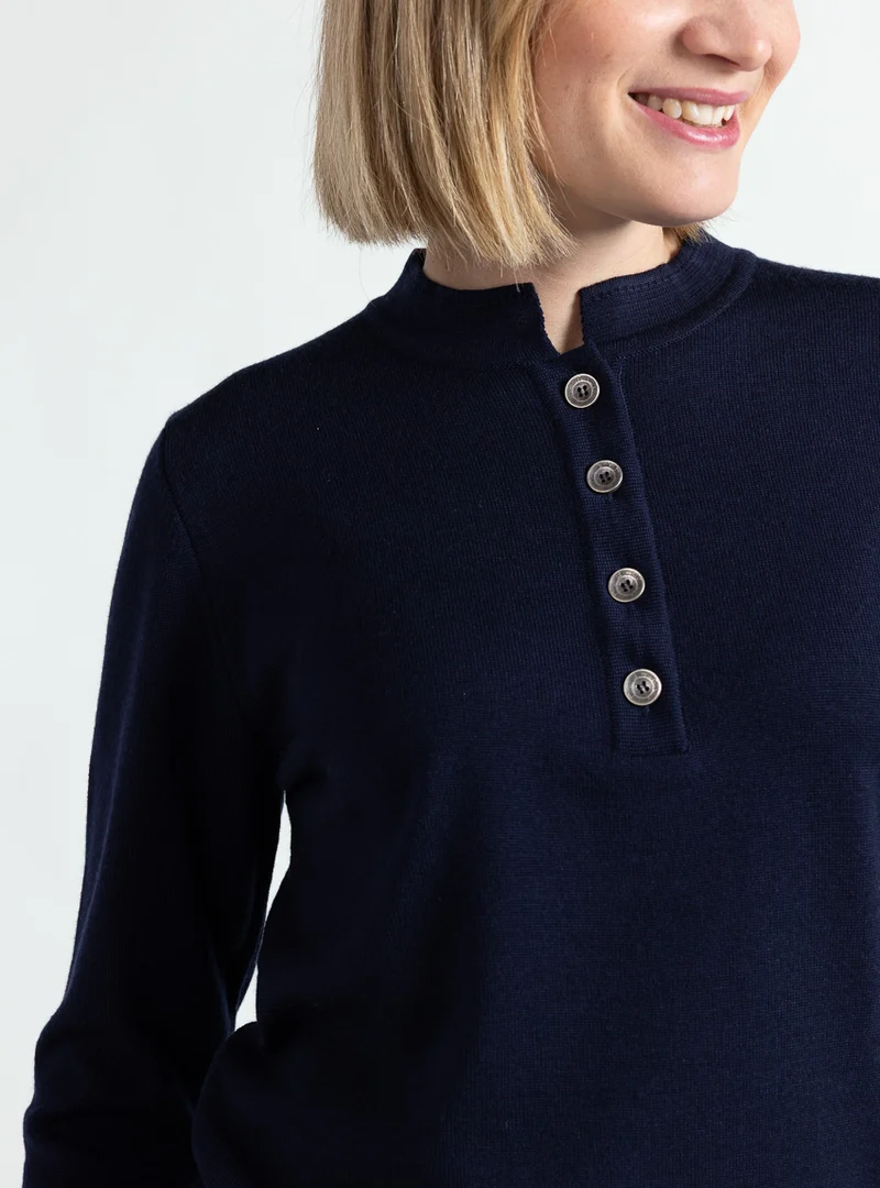Pull femme col montant laine mérinos bleu marine