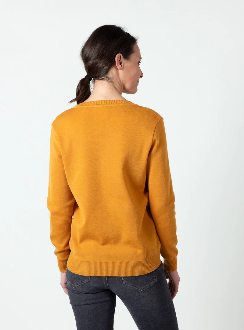 Pull femme col V en laine mérinos jaune miel