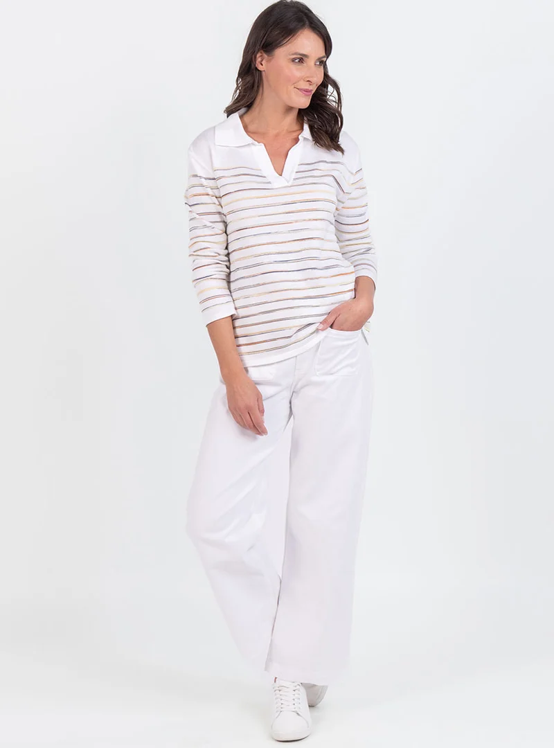 Polo femme en coton rayée blanc