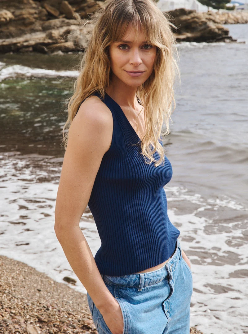 Top maille côtelée bleu marine Francine