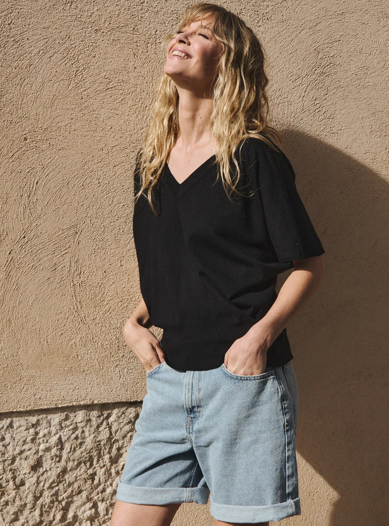 Top col V manches kimono noir Félicité