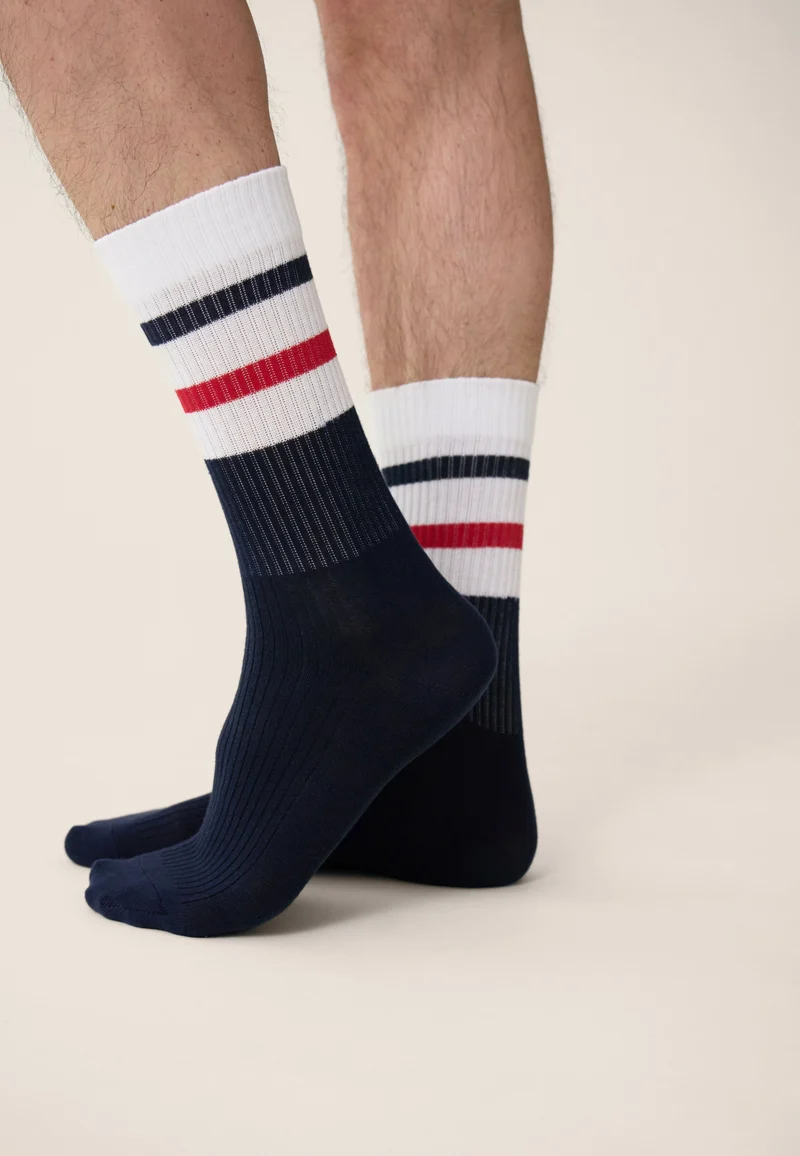 Lot de 2 chaussettes mi-hautes en coton - Chaussettes Marine Blanc Rouge