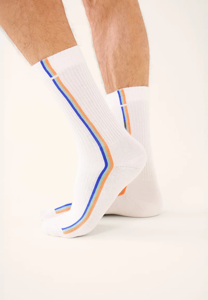 Chaussettes de sport mi-hautes rayées bleu, vert et orange - Wilfried Lignes Bleu Nautique Vert Azur Orange Corail