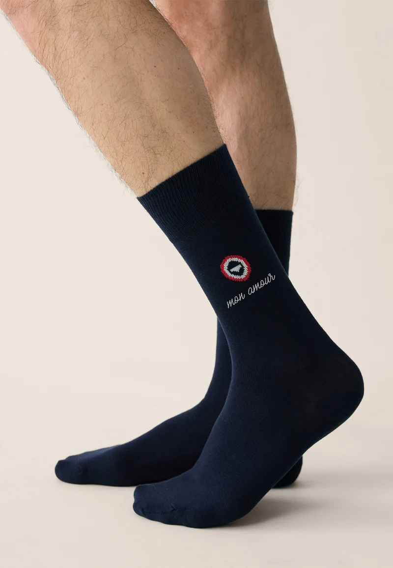 Chaussettes mi-hautes unies bleu marine - Robuste Marine Brodé Mon Amour