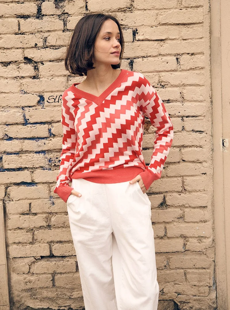 Pull col V damier Doriane