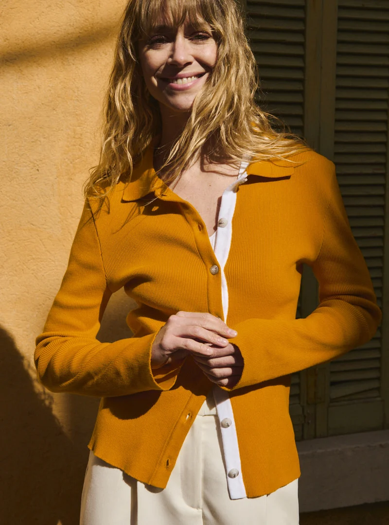 Cardigan col polo jaune Dominique