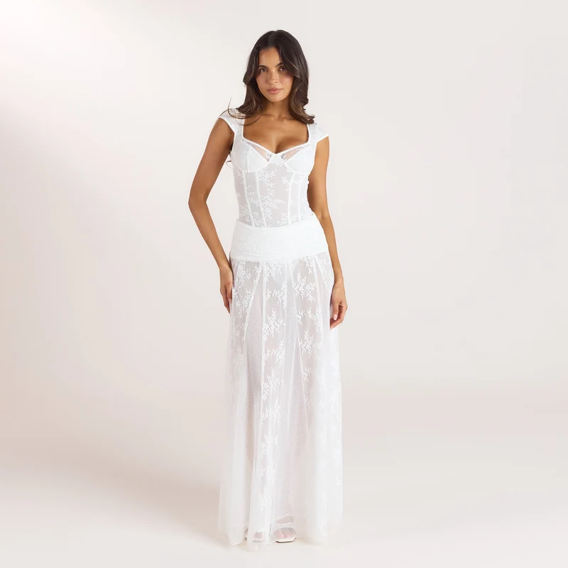 Body en Dentelle à Manches Capes - Blanc