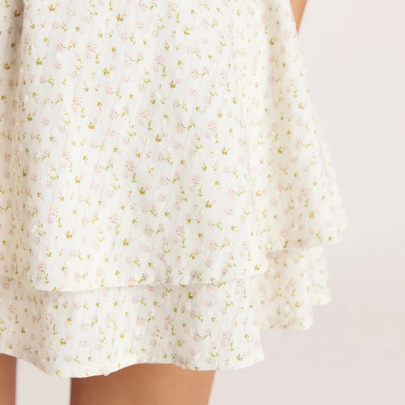 Robe Mini à Manches Courtes - Crème Florale