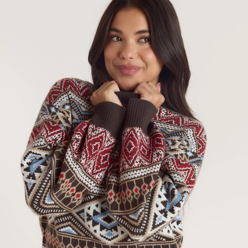 Pull Jacquard - Marron/Rouge