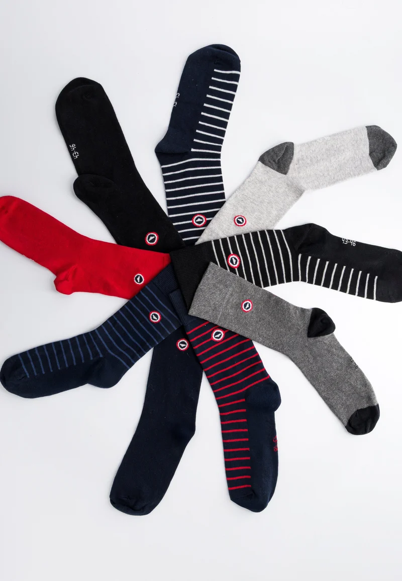 Lot de 7 chaussettes mi-hautes en coton - Chaussettes Marine Acier Rouge Blanc Rayures Marine