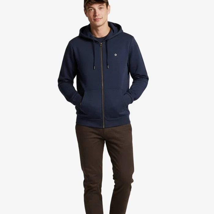 Sweat molleton à capuche en coton Sidney zippé bleu marine