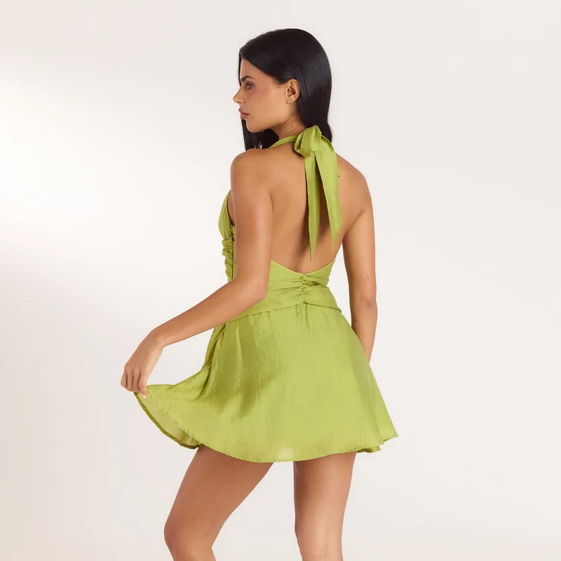 Robe Courte avec Fronces en Tencel - Vert Lime