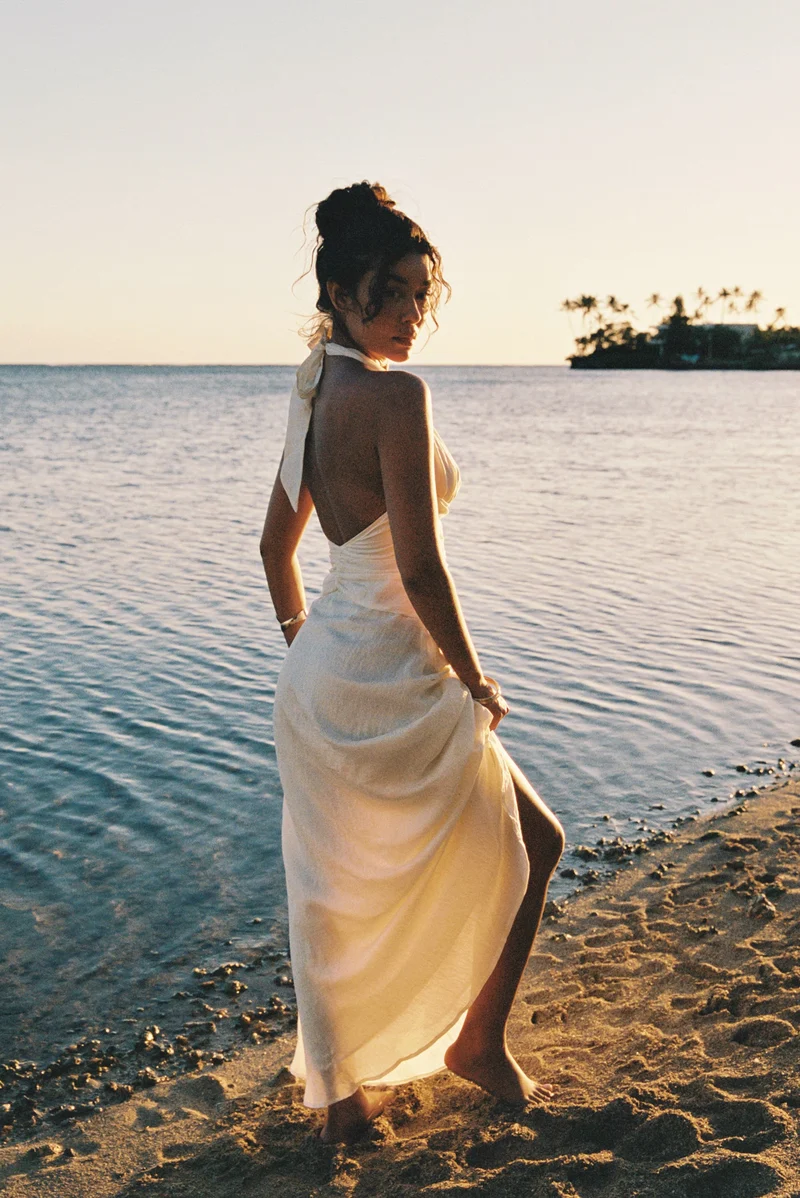 Robe Longue avec Fronces en Tencel - Crème