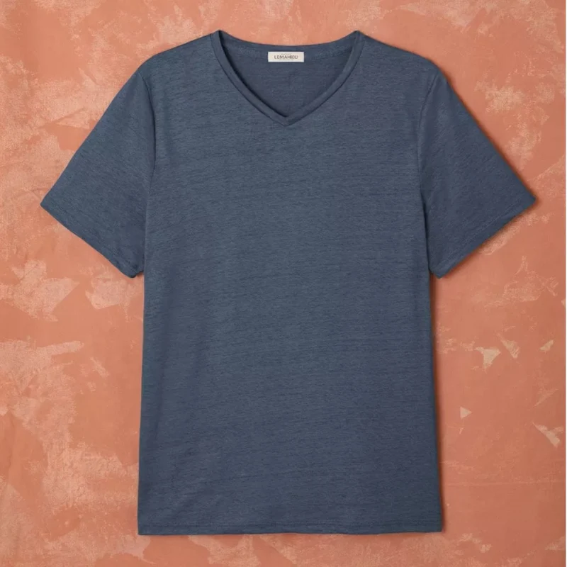 T-shirt en lin homme Col V Marine