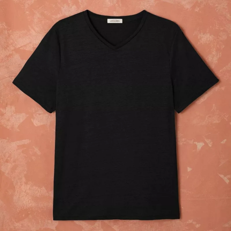 T-shirt en lin homme Col V Noir