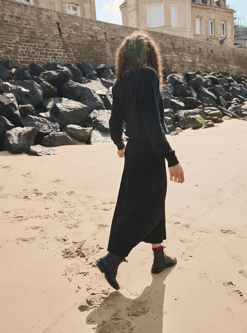 Jupe longue plisée noire laine mérinos Alexandra