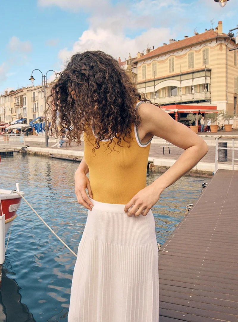 Jupe longue plissée laine mérinos blanche Alexandra