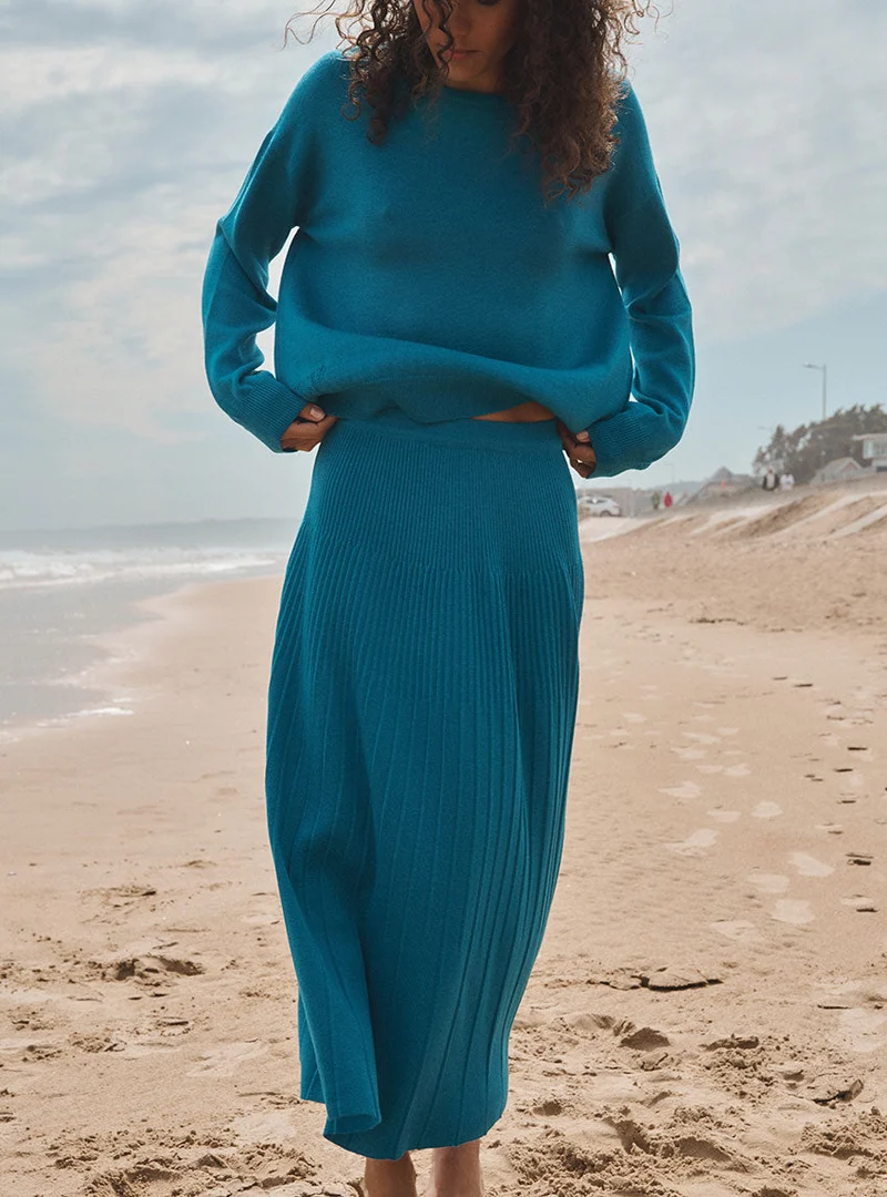 Jupe longue plissée bleu canard Alexandra