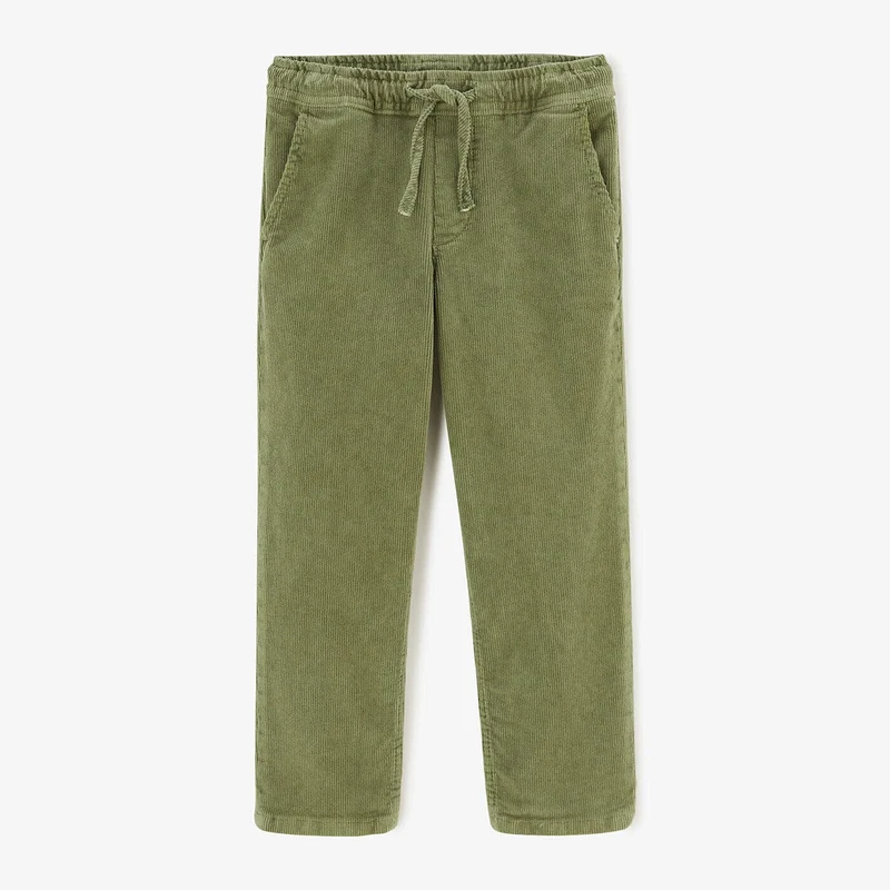 Chino velours 734 garçon avec taille élastique vert militaire coupe droite confort