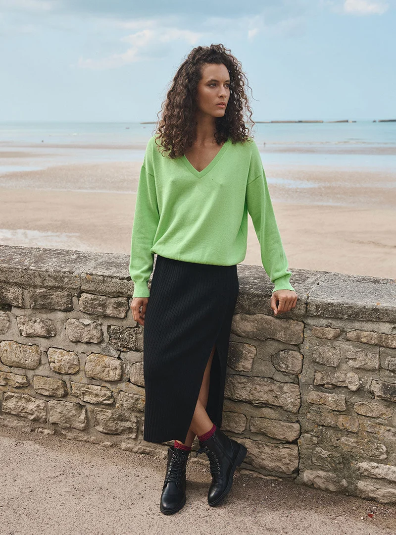 Pull col V oversize vert Aglaé
