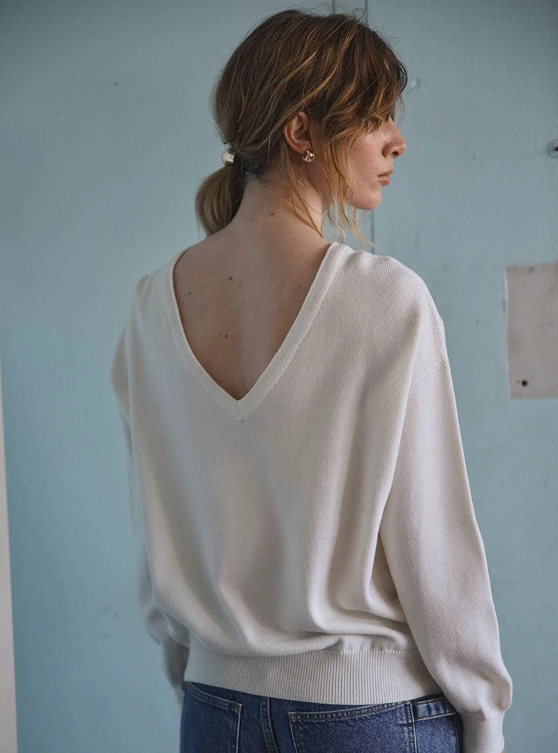 Pull col V laine mérinos blanc Aglaé