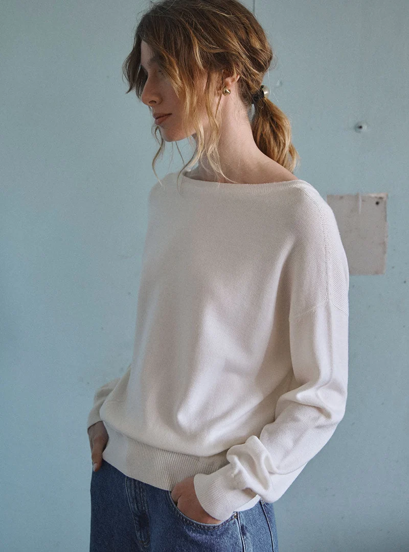 Pull col V laine mérinos blanc Aglaé