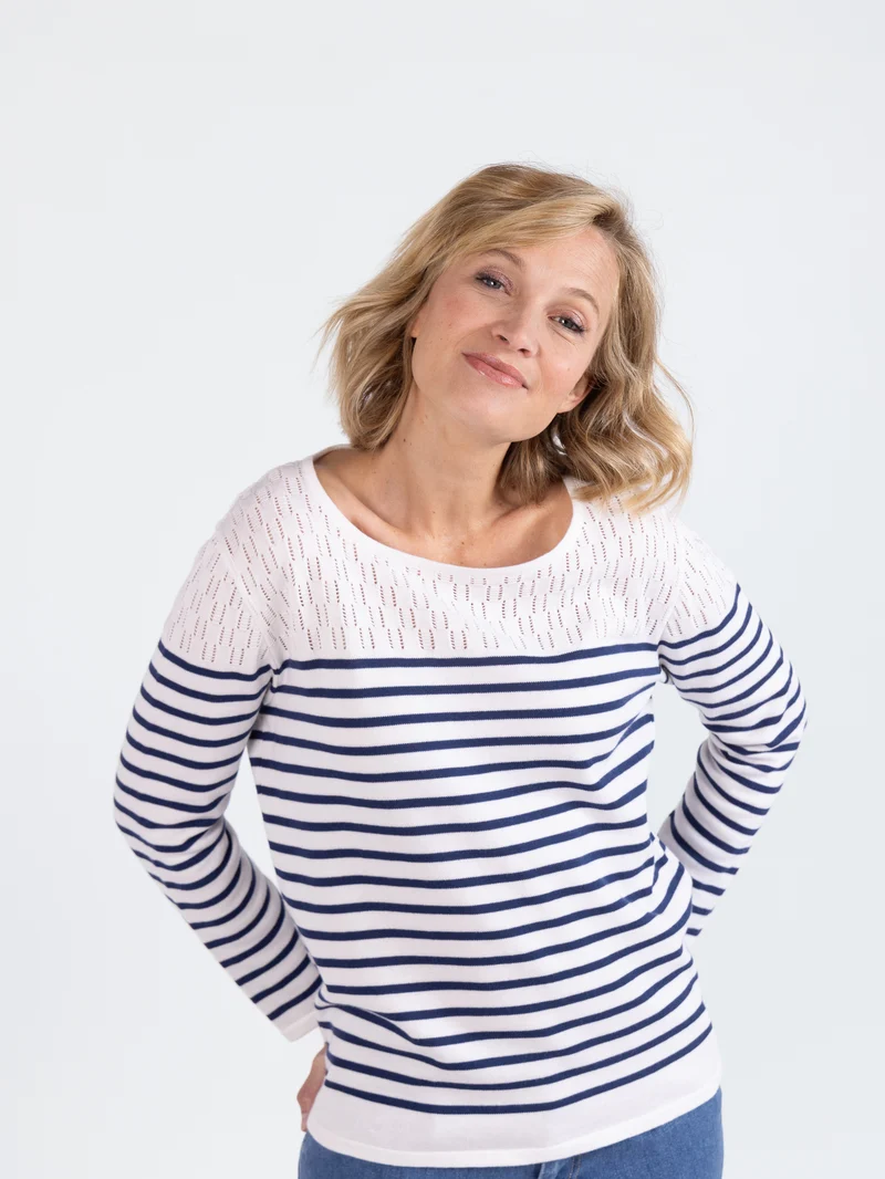 Pull marinière femme ajouré blanche en coton