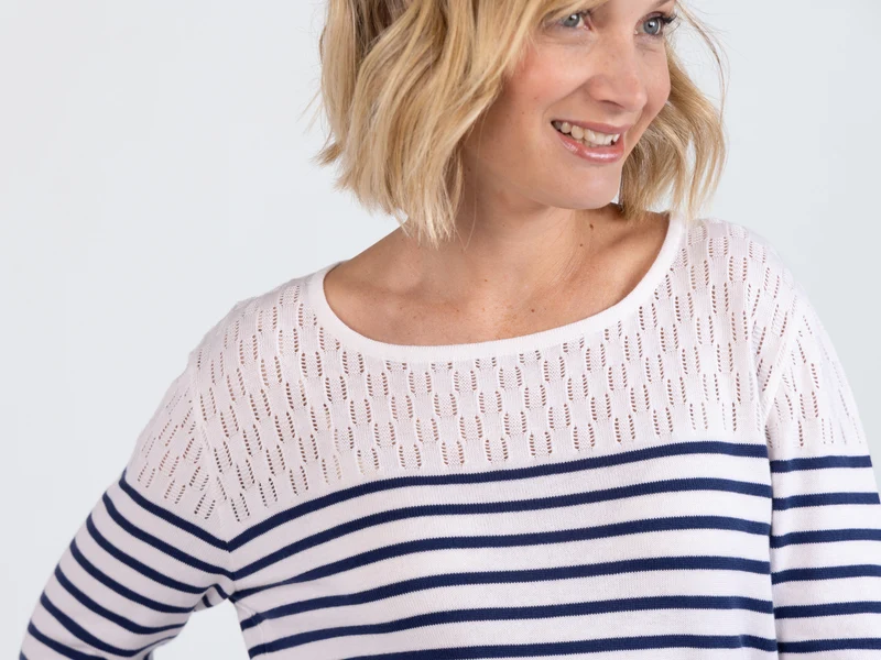 Pull marinière femme ajouré blanche en coton