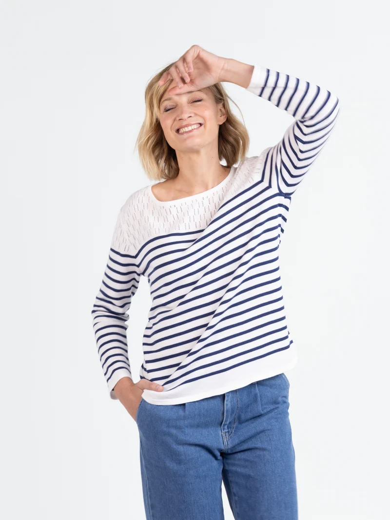 Pull marinière femme ajouré blanche en coton