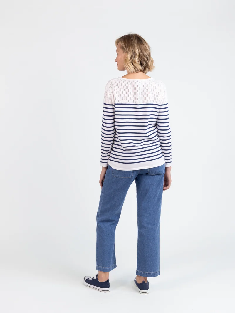 Pull marinière femme ajouré blanche en coton