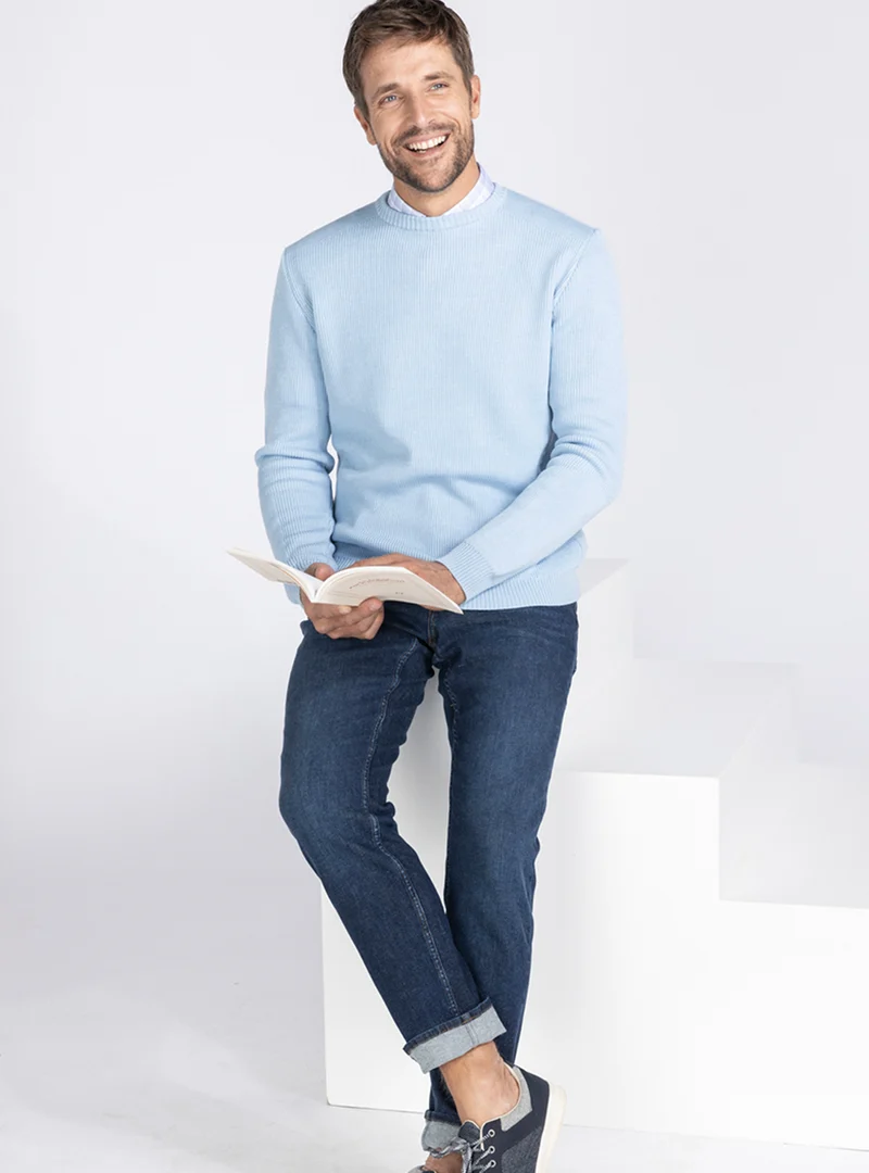 Pull col rond homme en laine bleu ciel