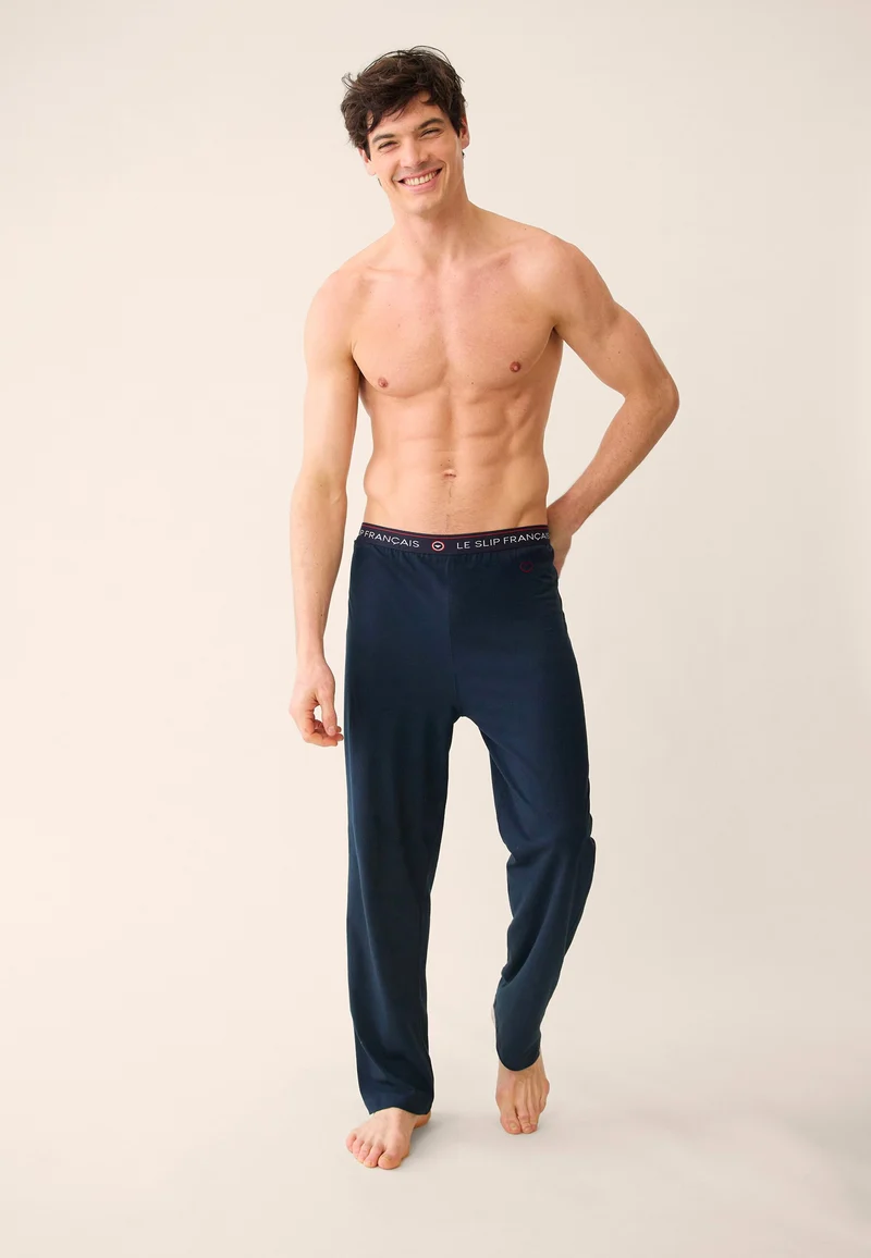 Bas de pyjama long homme bleu en coton - Indomptable Marine Brodé 'Coeur'