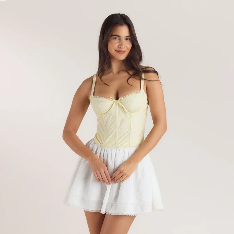 Top Corset avec Bordure en Dentelle - Jaune Floral