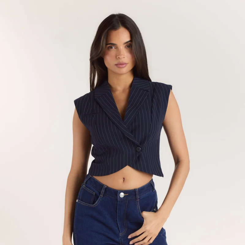 Gilet Croisé - Rayures Bleu Marine