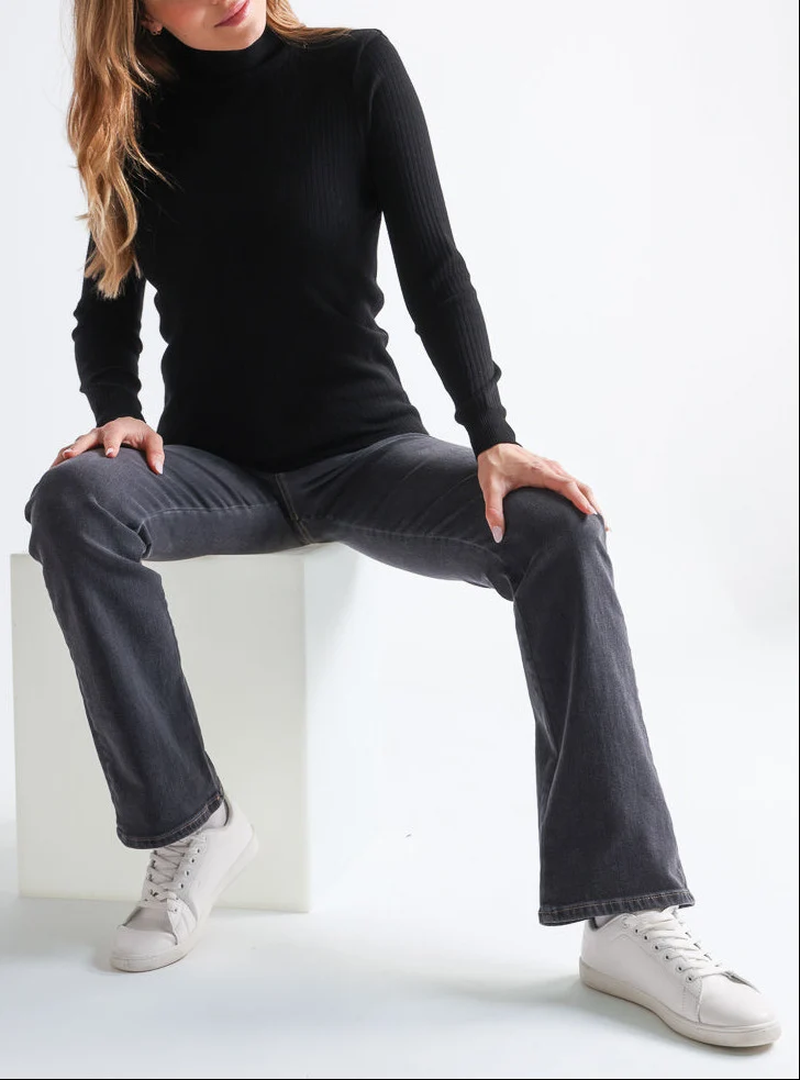 Pull chaussette femme col roule en laine merinos Noir