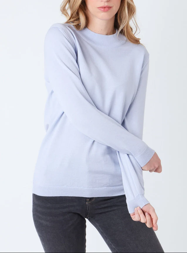 Pull femme col cheminée en laine mérinos Bleu Ciel Léger