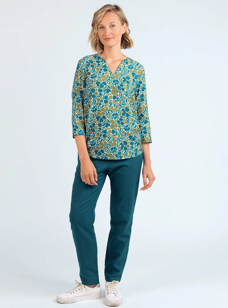 Pantalon femme en lin et coton bleu paon