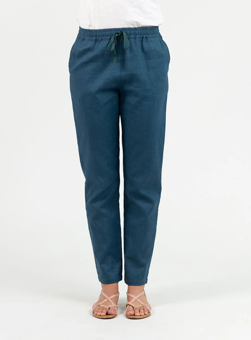 Pantalon femme en lin et coton bleu paon