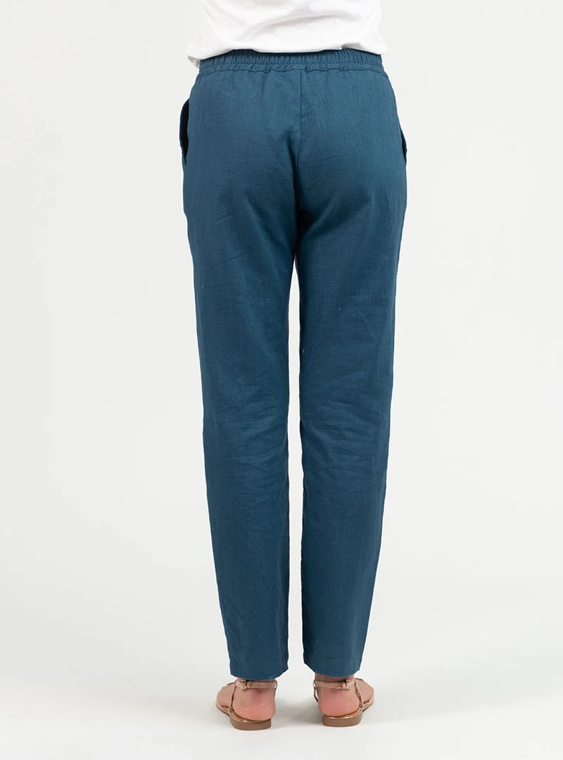 Pantalon femme en lin et coton bleu paon