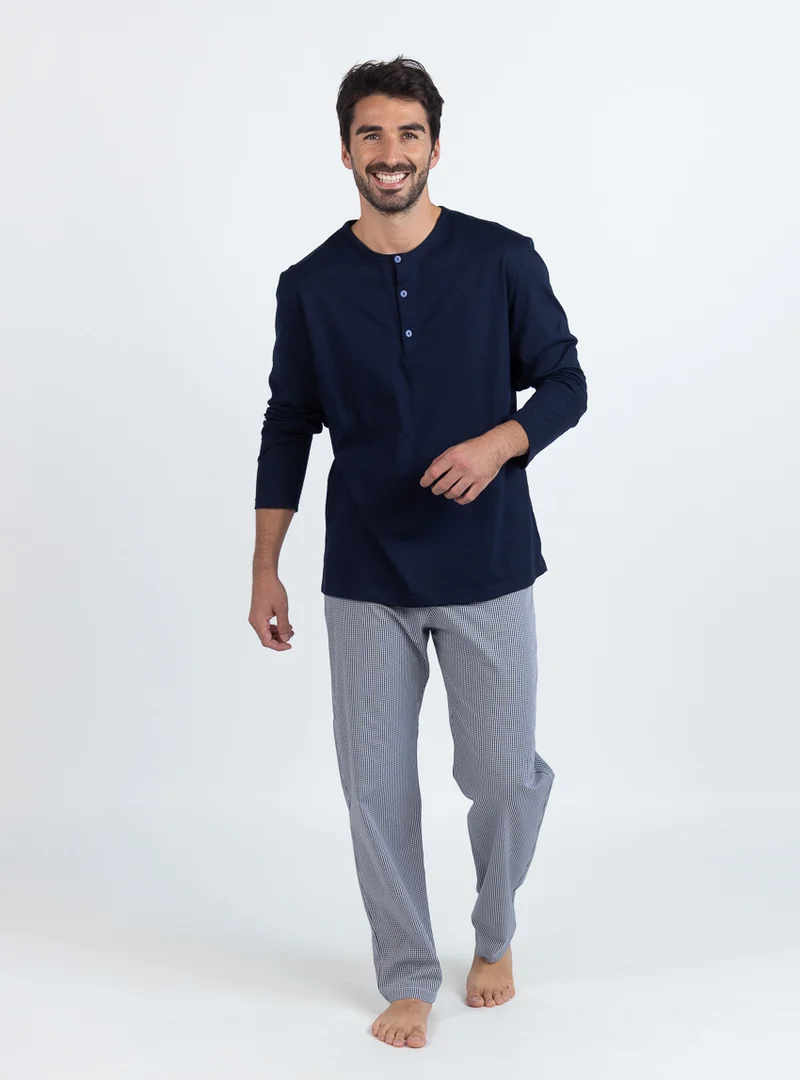 Pyjama homme en coton à carreaux bleus